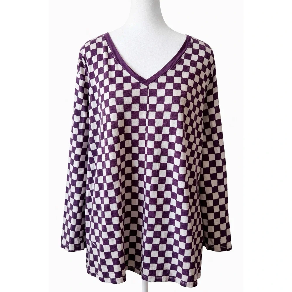 SONOMA Women Burgundy Plaid Long V-neck Sleeve‎ The Everyday Tee Shirt Top 2X